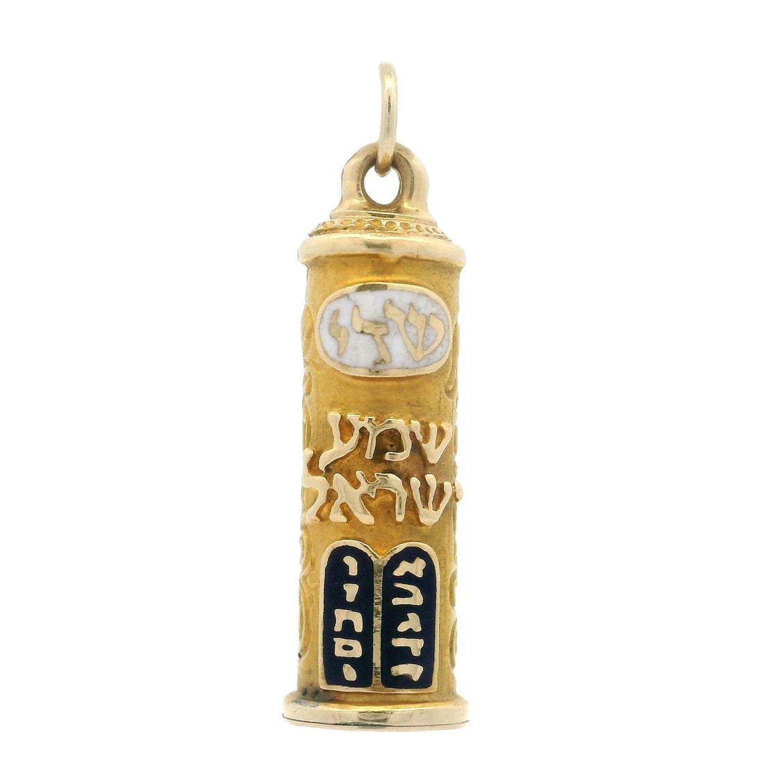 Esemco Yellow Gold Mezuzah Pendant with Blue White Enamel: Esemco Yellow Gold Mezuzah Pendant with Blue White Enamel This exquisite Mezuzah pendant showcases intricate blue and white enamel work, beautifully set in solid 13-14k yellow gold. Weighing 5.1 grams
