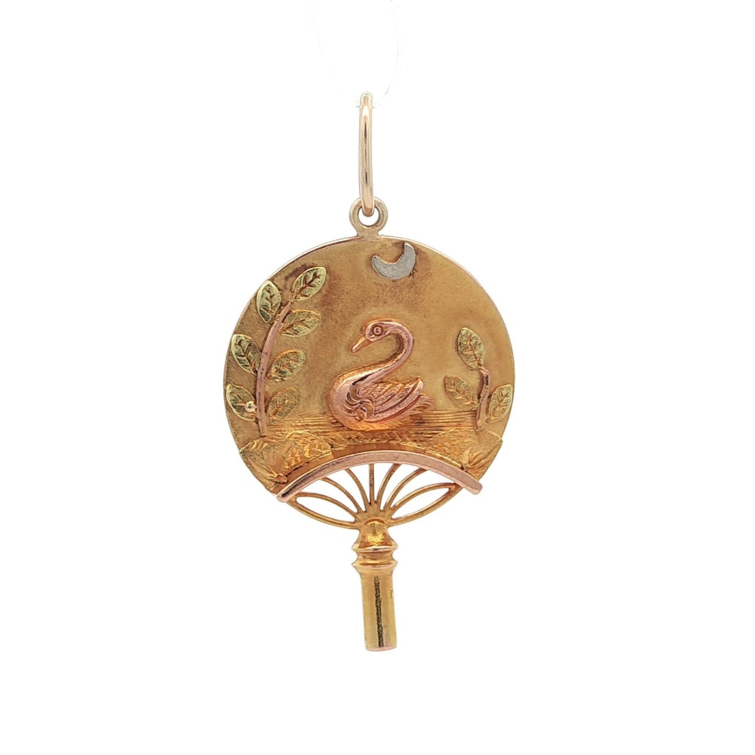 Antique Retro Solid Green Rose Gold Swan Hand Held Fan Charm: Antique Retro Solid Green Rose Gold Swan Hand Held Fan Charm This exquisite charm features a solid design of a swan in a lake, beautifully crafted in a combination of green and rose gold. The charm is