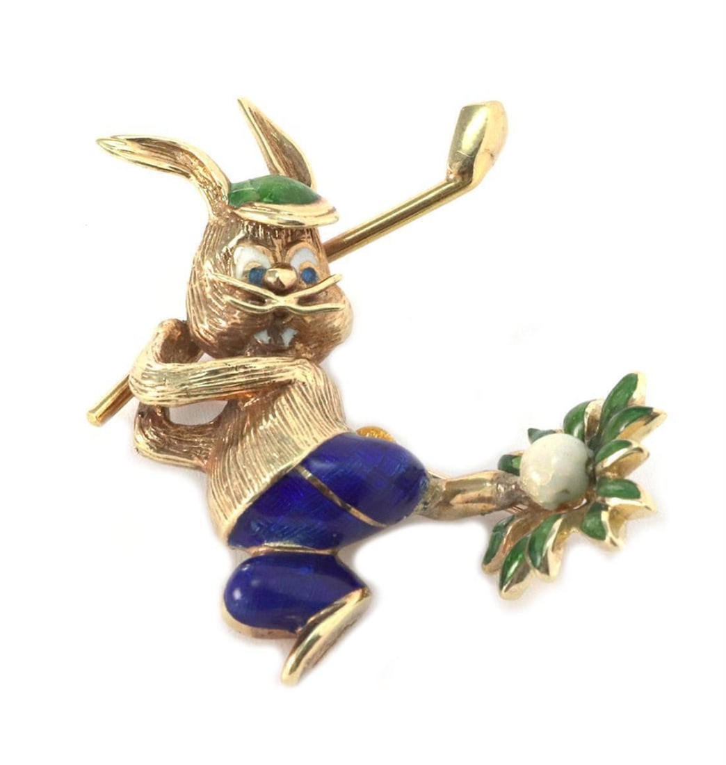 Vintage 14k Yellow Gold Rabbit Golfer Brooch with Multicolor Enamel: Vintage 14k Yellow Gold Rabbit Golfer Brooch with Multicolor Enamel This vintage brooch features a whimsical rabbit golfer motif crafted in multicolor enamel and set in 14k yellow gold. The original d