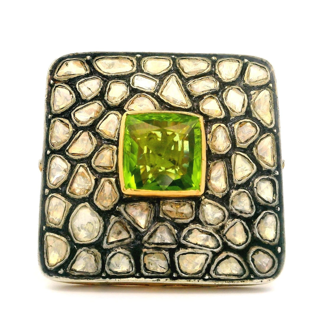 14k Yellow Gold Silver Peridot Diamond Cocktail Ring 8.5: 14k Yellow Gold Silver Peridot Diamond Cocktail Ring 8.5 This stunning cocktail ring features a large square platter design crafted from 14k solid yellow gold with a silver top. At its center is a nat