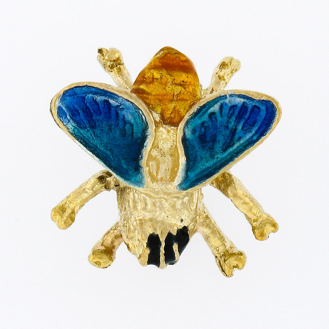 Vintage 14k Yellow Gold Multicolor Enamel Bee Tie Tack: Vintage 14k Yellow Gold Multicolor Enamel Bee Tie Tack This vintage tie tack is a delightful piece crafted from solid 14k yellow gold, showcasing an intricately detailed fly or bee design. Adorned wit