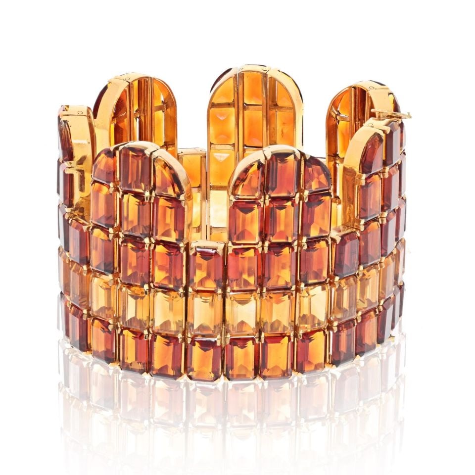 18K Yellow Gold Multi-Row Citrine and Topaz Bracelet: 18K Yellow Gold Multi-Row Citrine and Topaz Bracelet This exquisite 18K Yellow Gold Citrine and Topaz Wide One Line Bracelet showcases a luxurious design crafted from premium 18-karat yellow gold. It
