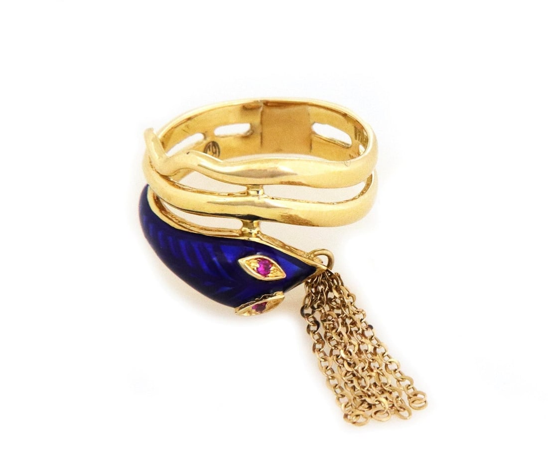 Unique 18k Yellow Gold Snake Bypass Ring with Ruby Eyes Size 7: Unique 18k Yellow Gold Snake Bypass Ring with Ruby Eyes Size 7 This exquisite bypass band ring is crafted from 18k yellow gold, showcasing a striking snake head adorned with blue enamel and ruby eyes.