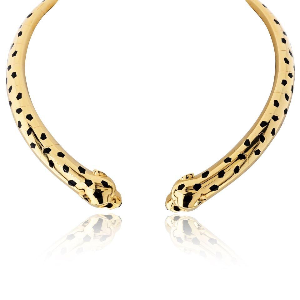 Panthere Motif Double Collar Necklace in 18K Yellow Gold by Cartier: Panthere Motif Double Collar Necklace in 18K Yellow Gold by Cartier This Cartier Panthere double spotted collar necklace is crafted from 18K yellow gold and features the iconic Panthere motif in a bol