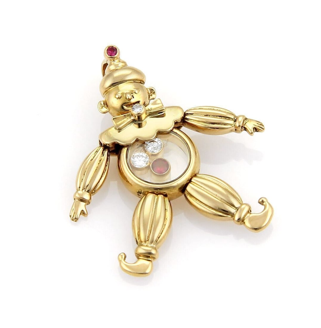 18k Yellow Gold Clown Pendant with Diamonds and Rubies by Chopard: 18k Yellow Gold Clown Pendant with Diamonds and Rubies by Chopard This Chopard Animated Diamonds & Rubies 18k Yellow Gold Clown Charm Pendant is an original fine jewelry piece crafted from 18k yellow