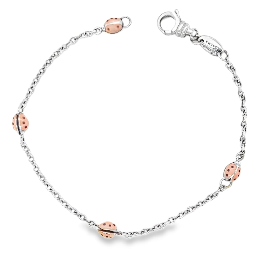 Pink Enamel Ladybug Charm Bracelet in 18k White Gold by Aaron Basha: Pink Enamel Ladybug Charm Bracelet in 18k White Gold by Aaron Basha This authentic Aaron Basha bracelet features a charming pink enamel ladybug crafted in 18k white gold. Showcasing the brand's signat