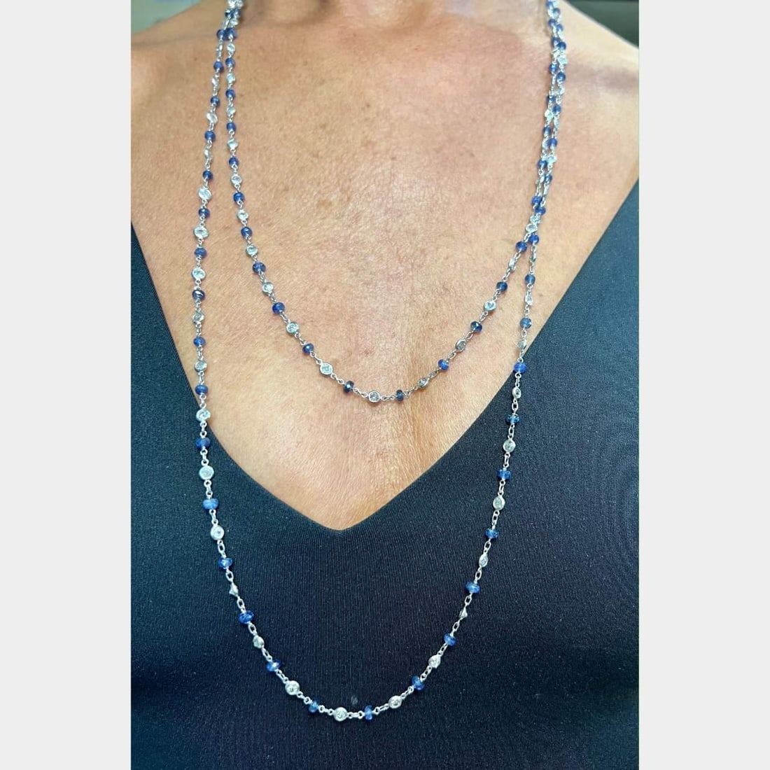 54 Inch Platinum Sapphire Diamond Necklace 91 Stones 28.25 Ct: 54 Inch Platinum Sapphire Diamond Necklace 91 Stones 28.25 Ct This exquisite Platinum Sapphire and Diamond by the Yard Necklace features a stunning combination of 91 Old Mine Diamonds, totaling approx