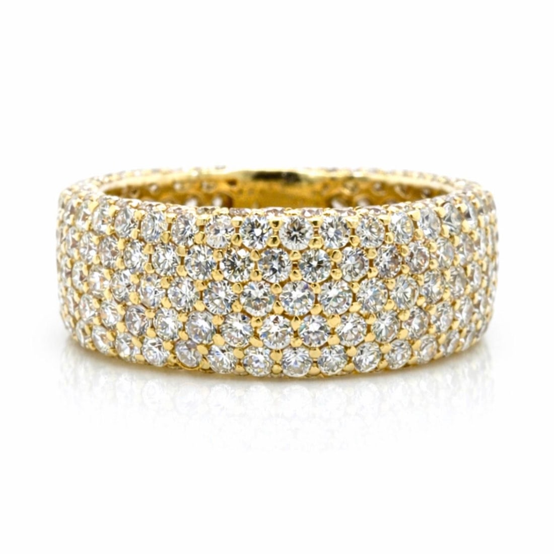Diamond Band with 5 Carats in 14K Yellow Gold Size 7: Diamond Band with 5 Carats in 14K Yellow Gold Size 7 This 14K yellow gold band showcases approximately 5.00 carats of diamonds, set with 266 stones of G-H color and VS1-VS2 clarity. The ring weighs 5.