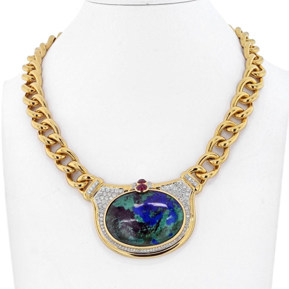 David Webb 18K Yellow Gold Azurmalachite Diamond Necklace 3 Cts: David Webb 18K Yellow Gold Azurmalachite Diamond Necklace 3 Cts This stunning David Webb necklace features a captivating design crafted from platinum and 18K yellow gold. It showcases a large, smooth