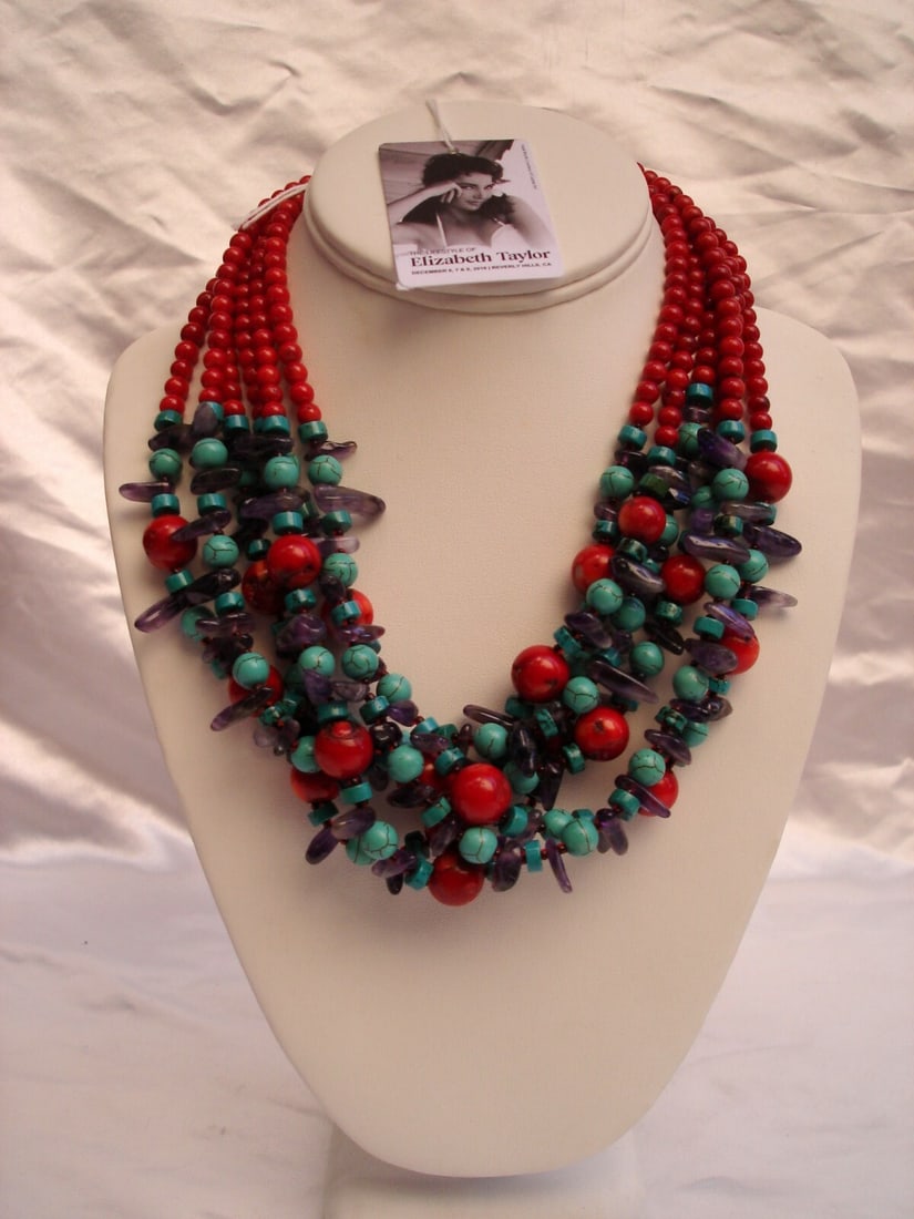 Elizabeth Taylor Estate Gemstone Choker With Amethyst Turquoise Red Jasper: Elizabeth Taylor Estate Gemstone Choker With Amethyst Turquoise Red Jasper This exquisite choker from the estate of Elizabeth Taylor is crafted with amethyst, turquoise, and red jasper gemstones. The