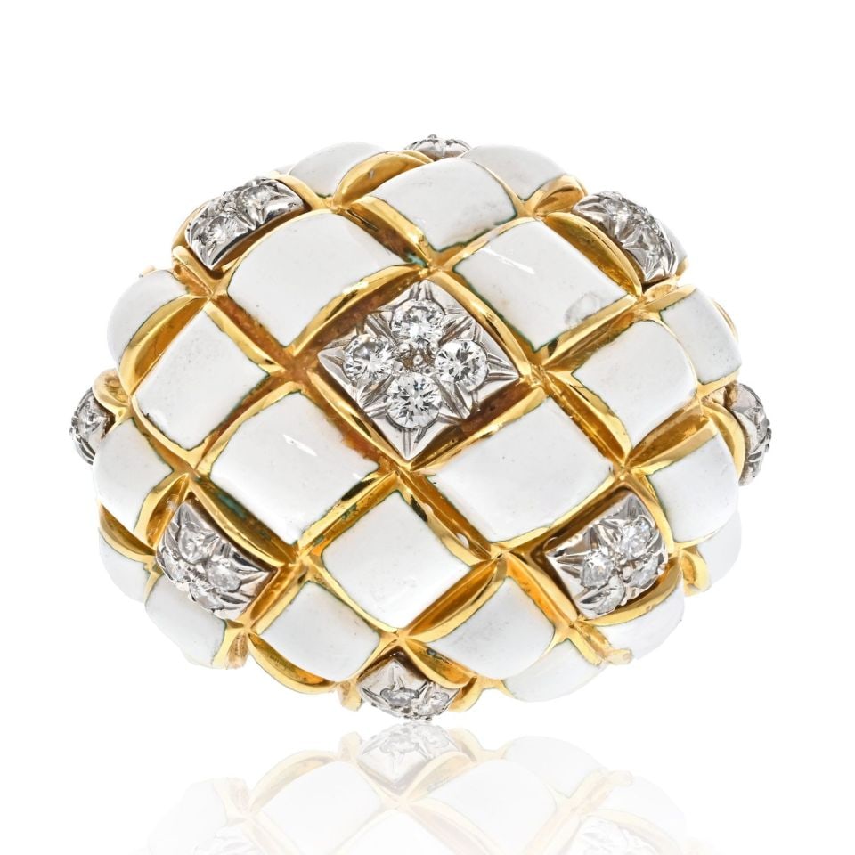 David Webb 18K Yellow Gold Platinum White Enamel Dome Ring: David Webb 18K Yellow Gold Platinum White Enamel Dome Ring This exquisite estate ring by David Webb features a stunning oversized dome design crafted from 18K yellow gold and platinum. The ring is ado
