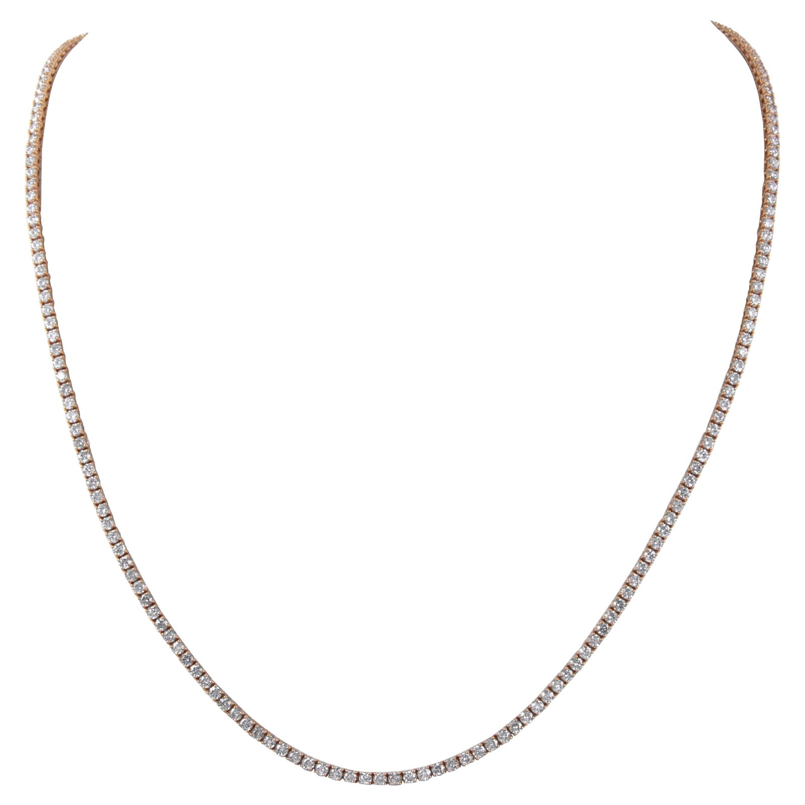13.95ct Round Diamond Tennis Necklace 14k Rose Gold 24in: 13.95ct Round Diamond Tennis Necklace 14k Rose Gold 24in This stunning 13.95ct Round Diamond Tennis Necklace is a perfect blend of elegance and contemporary style. Crafted in 14k rose gold, this exqui