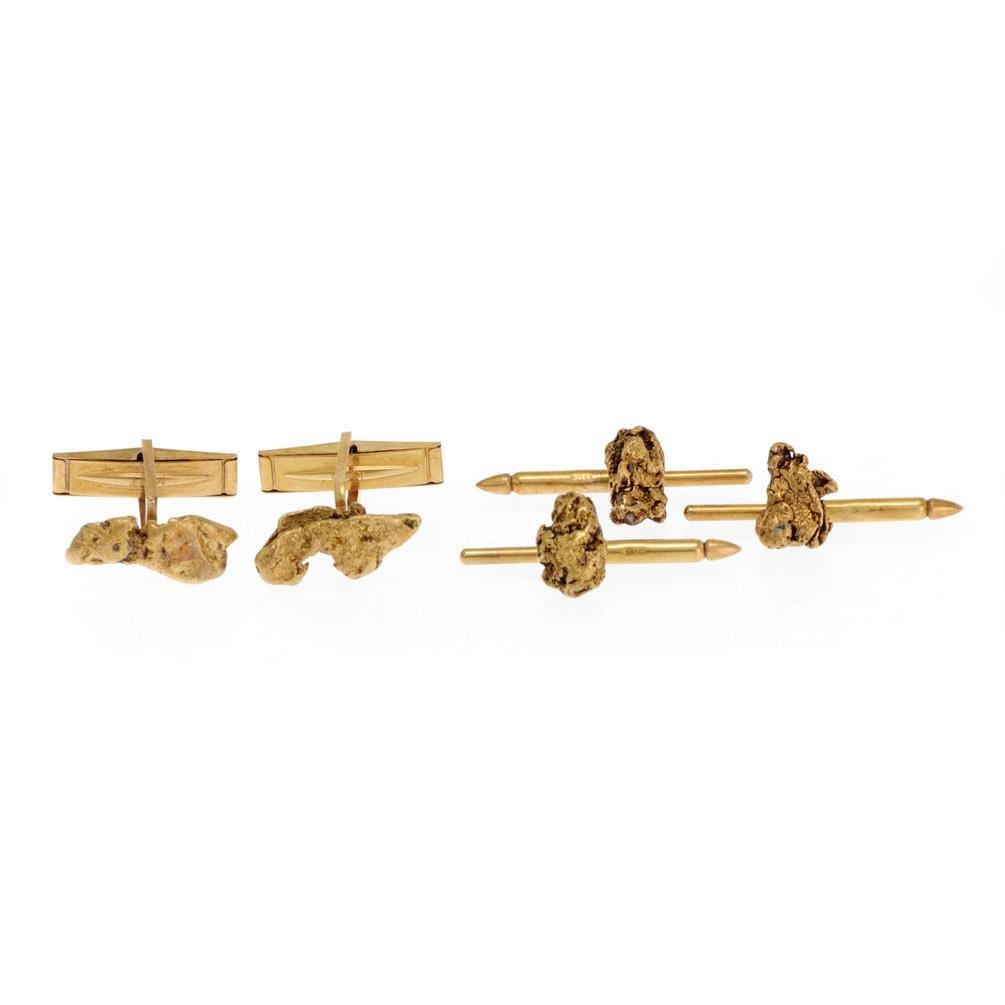 Vintage 24k Gold Nugget 14k Buttons Cufflinks Set: Vintage 24k Gold Nugget 14k Buttons Cufflinks Set Enhance your formal attire with this vintage 3-button set featuring cufflinks, crafted with stunning 24k gold nuggets. Each piece showcases long, uniq