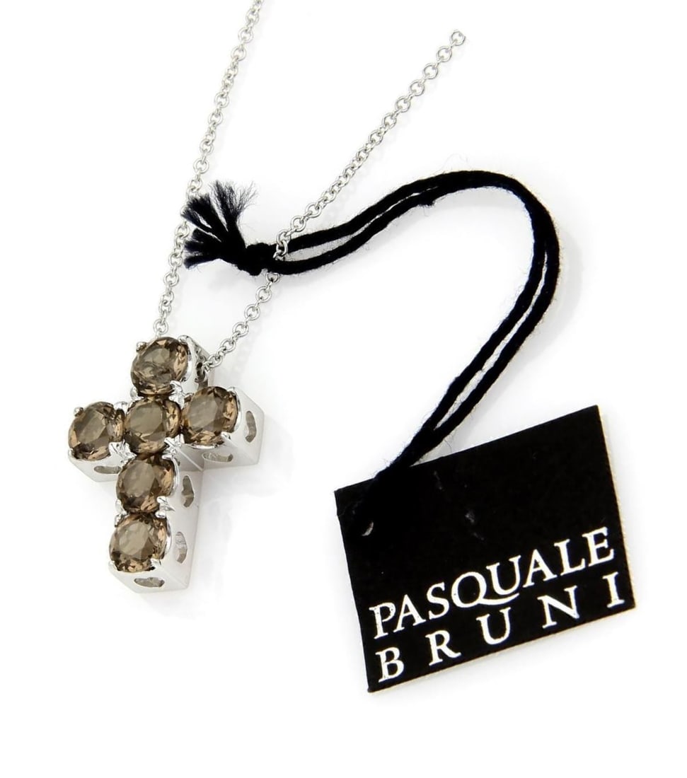 5.05ct Smoky Quartz Cross Pendant Necklace in 18K White Gold by Pasquale Bruni: 5.05ct Smoky Quartz Cross Pendant Necklace in 18K White Gold by Pasquale Bruni This Pasquale Bruni necklace features a 5.05 carat smoky quartz cross pendant set in 18K white gold. The adjustable chain