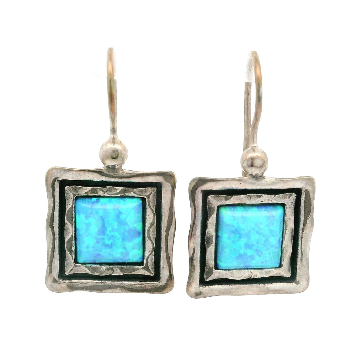 Vintage Sterling Silver Blue Opal Hammered Square Drop Earrings: Vintage Sterling Silver Blue Opal Hammered Square Drop Earrings Elevate your style with these Vintage Sterling Silver Opal Hammered Square Framed Drop Earrings. Featuring a unique dangle/drop design,