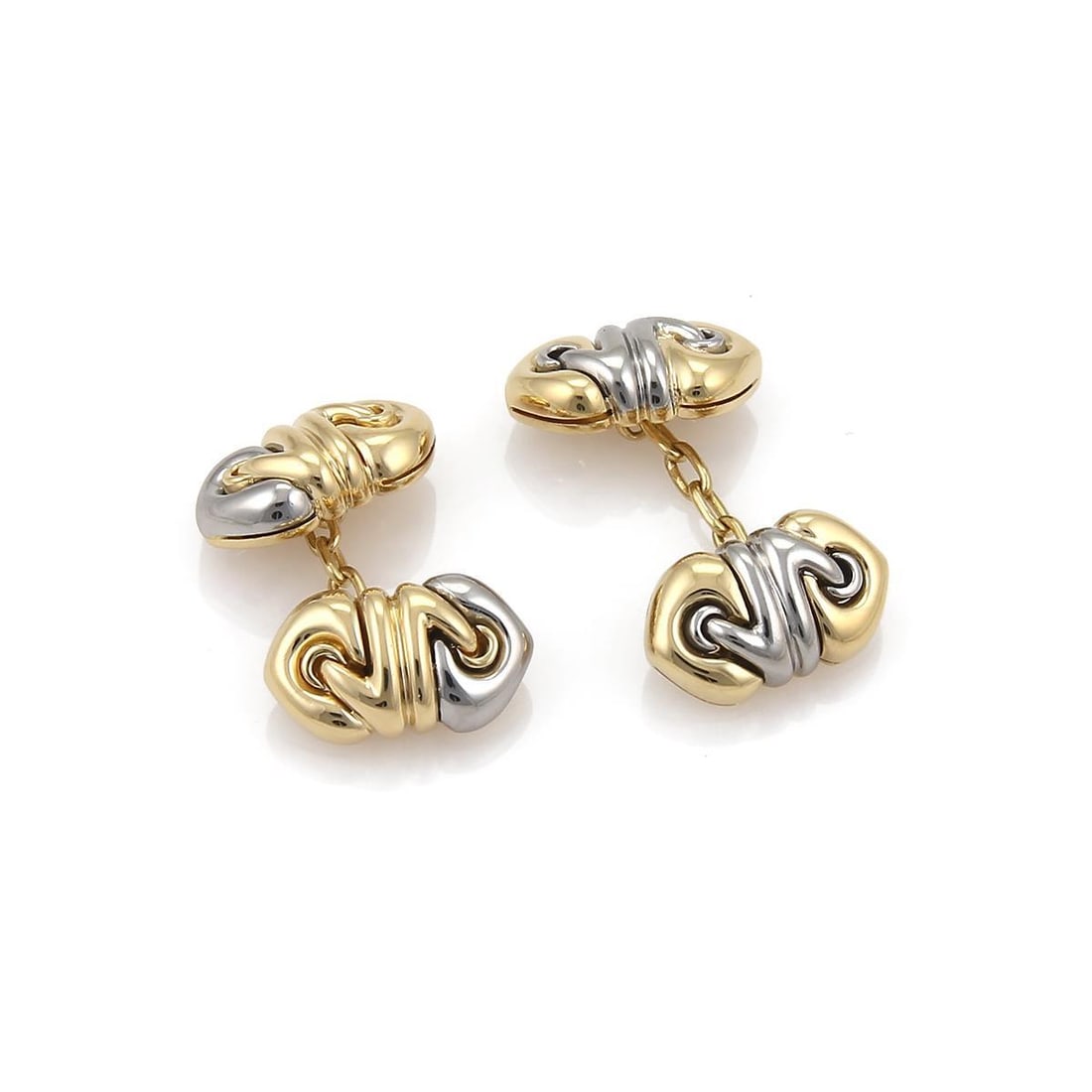 Bvlgari Doppio Cuore 18k Gold Steel Chain Cufflinks: Bvlgari Doppio Cuore 18k Gold Steel Chain Cufflinks Introducing a stunning pair of cufflinks from Bvlgari's Doppio Cuore collection, expertly crafted from luxurious 18k yellow gold and durable stainle