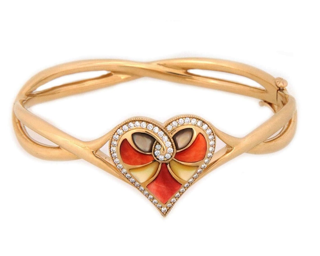 Heart Motif 14k Yellow Gold Bangle with Multicolor Gems and Diamonds by Kabana: Heart Motif 14k Yellow Gold Bangle with Multicolor Gems and Diamonds by Kabana This Kabana heart bangle bracelet showcases a vibrant mix of multicolor gems, including bronze mother of pearl, orange sp