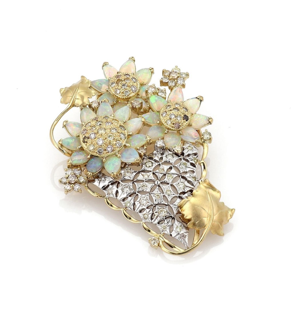 18k Gold Floral Brooch Pendant with Fancy Diamonds and Opals: 18k Gold Floral Brooch Pendant with Fancy Diamonds and Opals This elegant brooch is crafted from 18k white and yellow gold in a floral vase design, featuring fancy diamonds totaling 2.30 ct and fire o