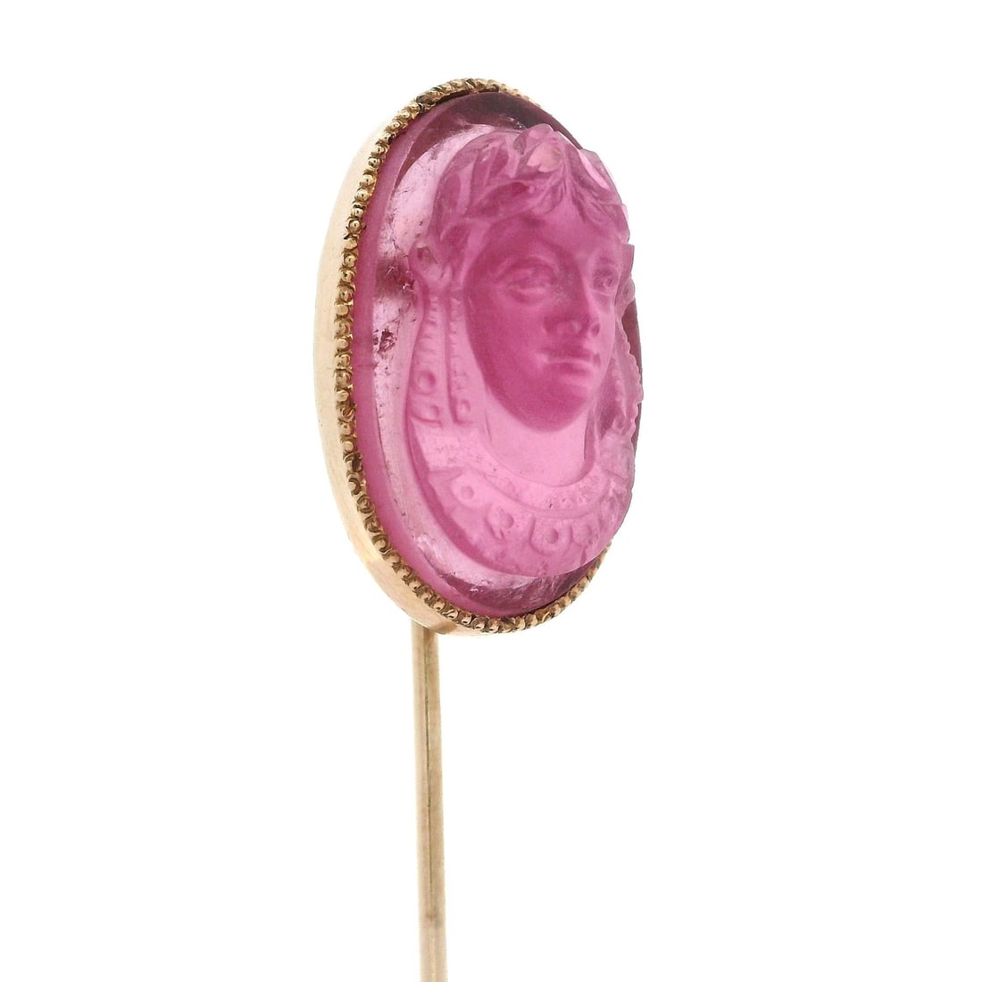 Antique 9k Gold GIA Certified Cameo Pink Tourmaline Stick Pin: Antique 9k Gold GIA Certified Cameo Pink Tourmaline Stick Pin This exquisite antique stick pin features a highly detailed carved cameo of a lady adorned with a leaf headband, crafted from natural genu