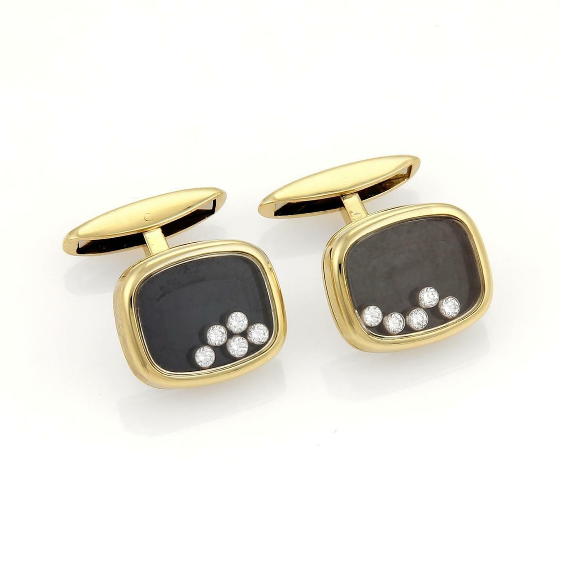 Chopard Happy Diamond 18k Yellow Gold Cufflinks with 5 Floating Diamonds: Chopard Happy Diamond 18k Yellow Gold Cufflinks with 5 Floating Diamonds Presenting an exquisite pair of Chopard cufflinks from the prestigious HAPPY DIAMOND collection. These cufflinks are crafted fr