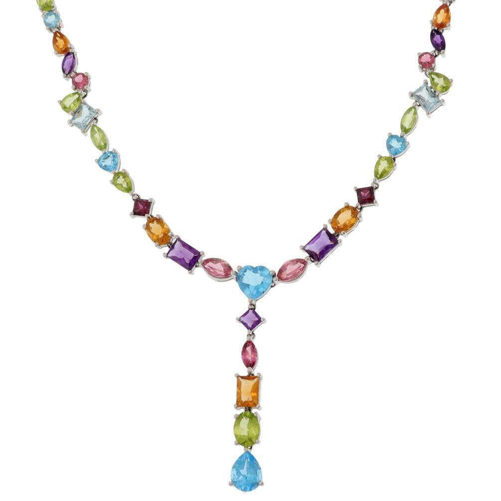 Stunning 14k White Gold Multicolor Gemstone Necklace 35 Carats: Stunning 14k White Gold Multicolor Gemstone Necklace 35 Carats Elevate your jewelry collection with this stunning necklace crafted from 14k white gold, featuring a polished finish. It showcases an arr