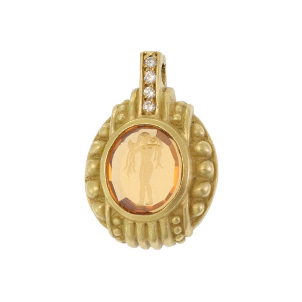 Judith Ripka 18k Yellow Gold Citrine Intaglia Pendant with Diamonds: Judith Ripka 18k Yellow Gold Citrine Intaglia Pendant with Diamonds This exquisite pendant, authentically crafted by Judith Ripka, features a stunning citrine intaglia at its center, beautifully depic