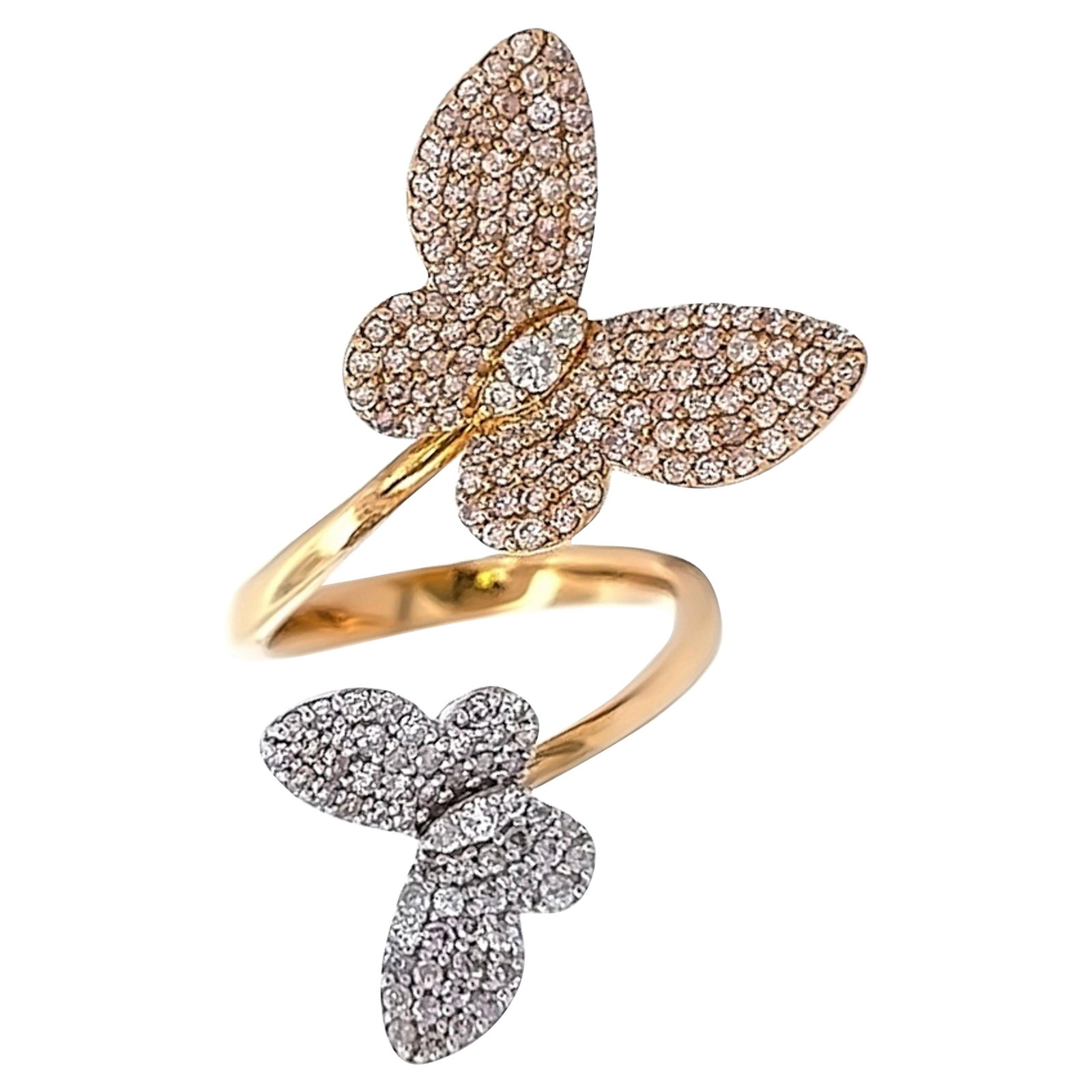 1.13ct Diamond Butterfly Bypass Ring 18k Two-Tone: 1.13ct Diamond Butterfly Bypass Ring 18k Two-Tone This exquisite modern butterfly bypass ring features a stunning leaf motif adorned with 178 round diamonds totaling 1.13 carats. Crafted from 18k two-