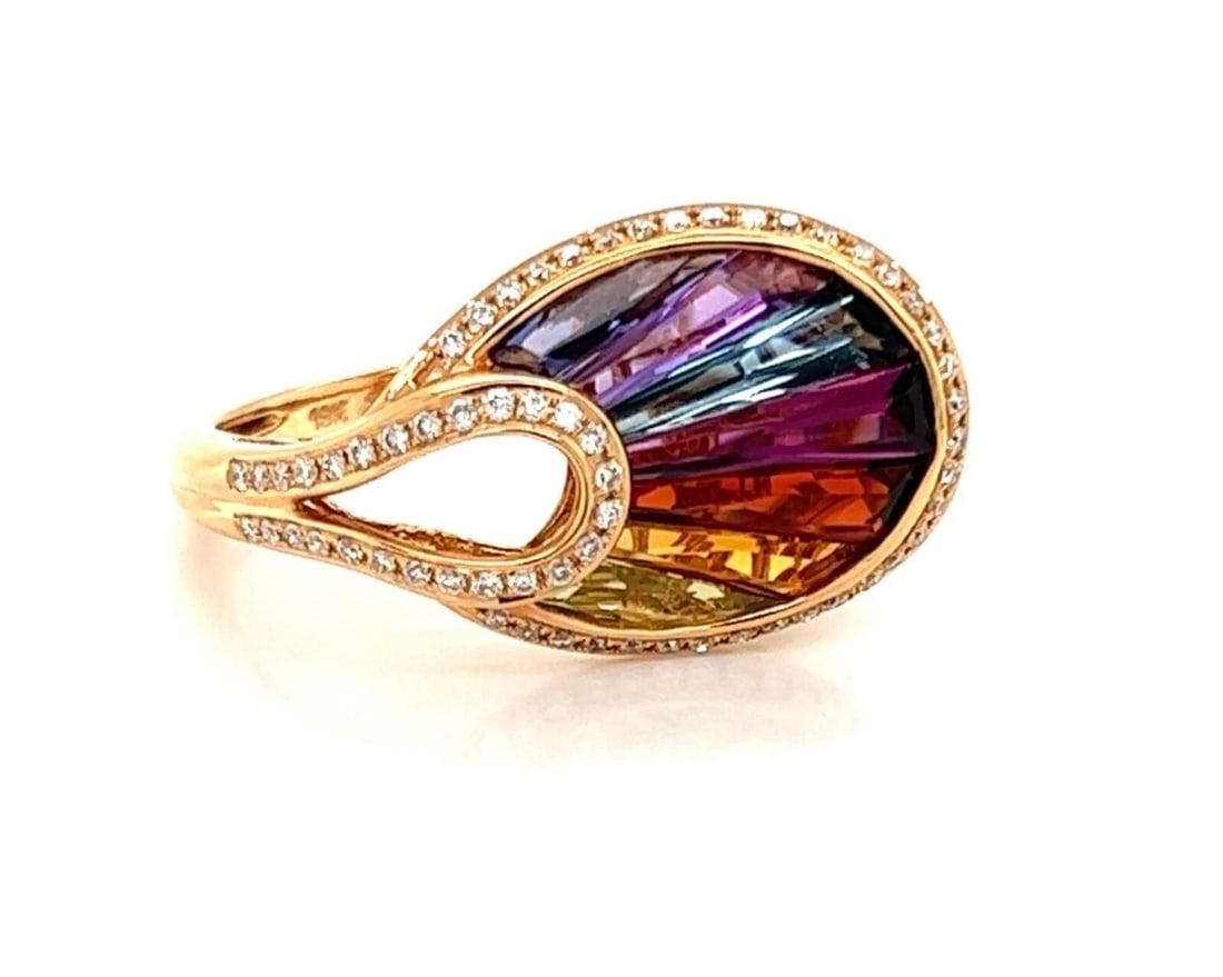 18k Rose Gold Bellarri Ring with Diamonds and Multicolor Gemstones Size 7: 18k Rose Gold Bellarri Ring with Diamonds and Multicolor Gemstones Size 7 This Bellarri cocktail ring is expertly crafted from solid 18k rose gold and features a distinctive open oval design with a sm