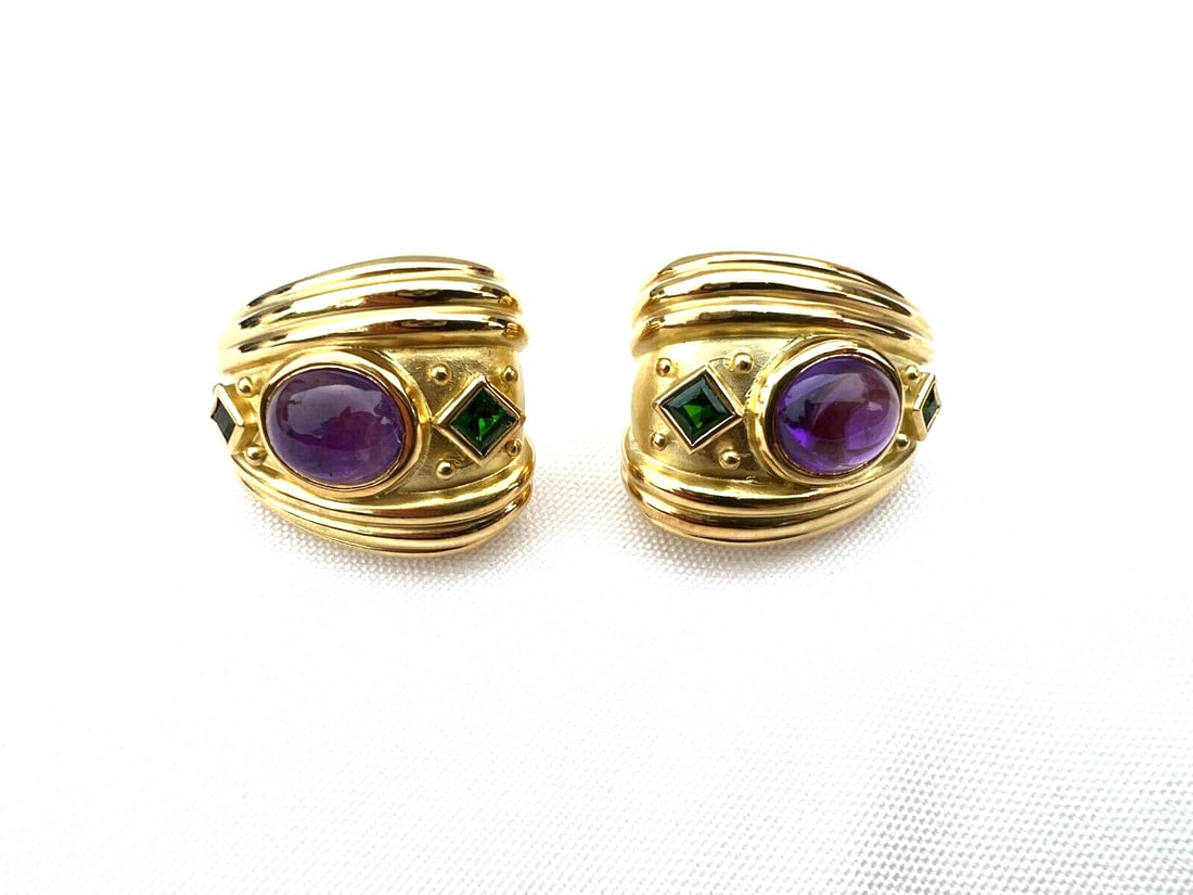 SeidenGang 18K Gold Amethyst Tourmaline Earrings Signed Greek Jewelry: SeidenGang 18K Gold Amethyst Tourmaline Earrings Signed Greek Jewelry Discover the elegance of these exquisite earrings crafted by the renowned Greek jeweler SeidenGang. Made from luxurious 18K yellow