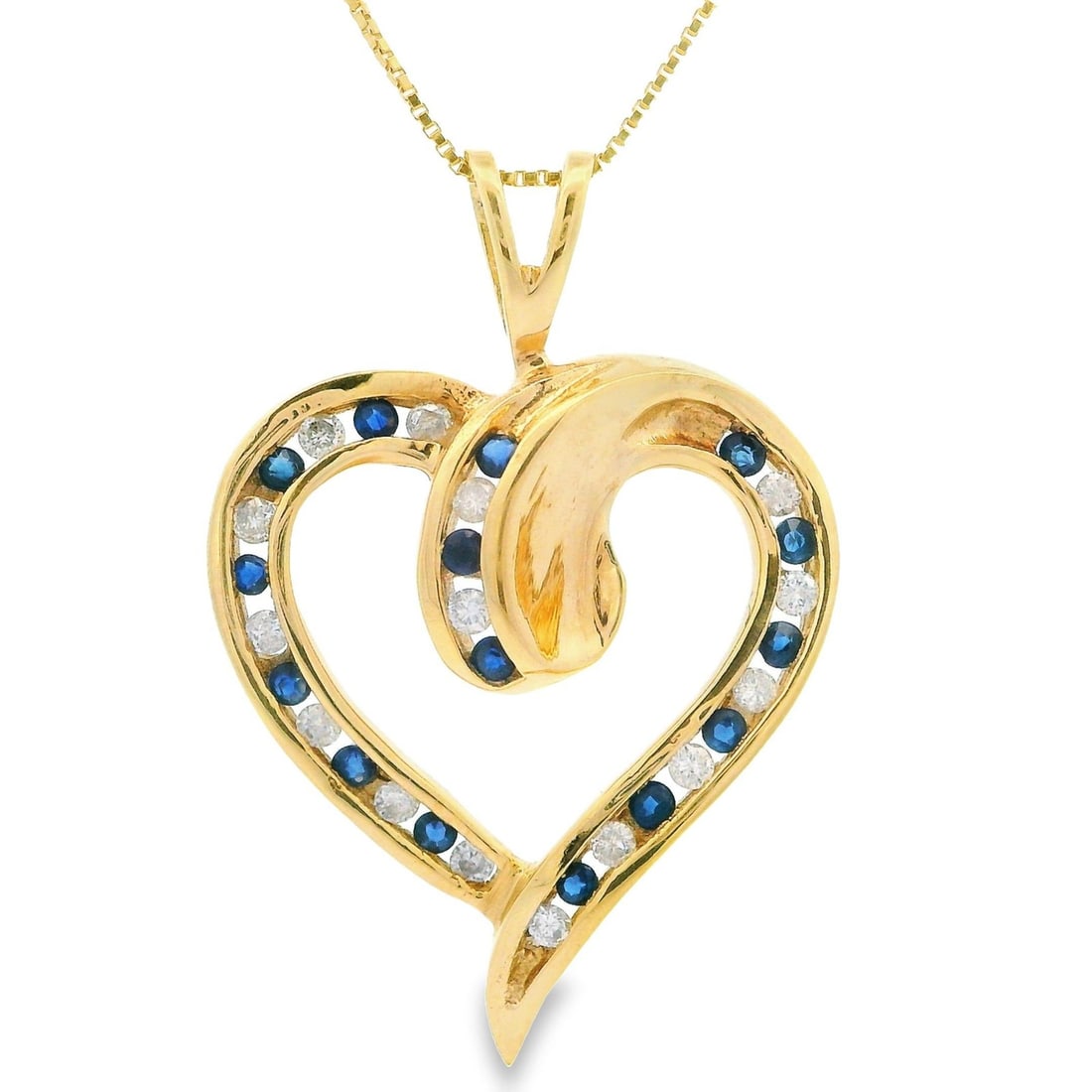 10k Yellow Gold Open Heart Pendant Necklace with Diamonds and Sapphires: 10k Yellow Gold Open Heart Pendant Necklace with Diamonds and Sapphires This exquisite necklace features a stunning open heart pendant crafted from 10k yellow gold, adorned with a captivating arrangem