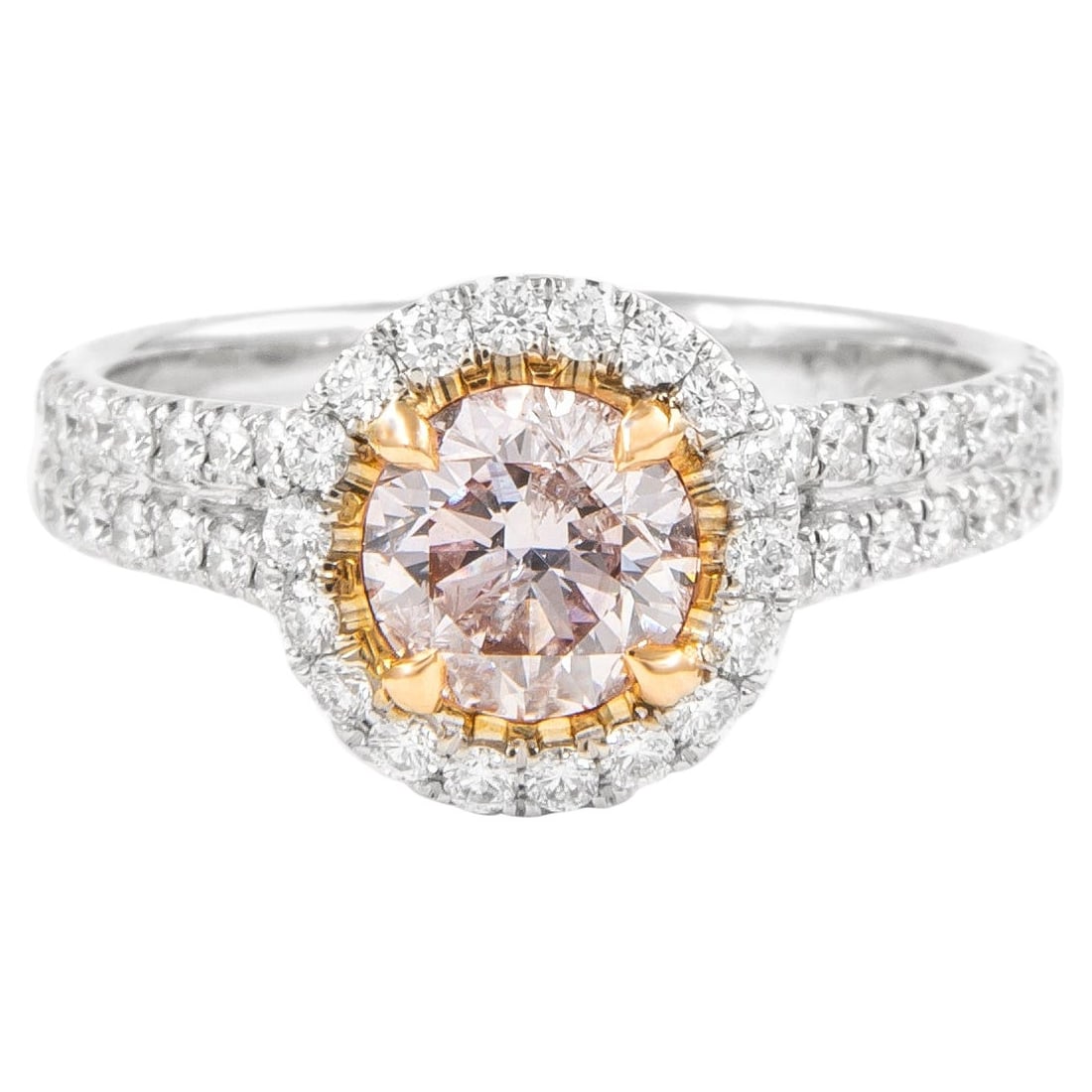 GIA 1.44ct Pink Diamond Halo Ring 18k Two Tone: GIA 1.44ct Pink Diamond Halo Ring 18k Two Tone This exquisite ring features a stunning GIA certified 1.44 carat very light pink diamond at its center, beautifully complemented by a halo of sparkling d