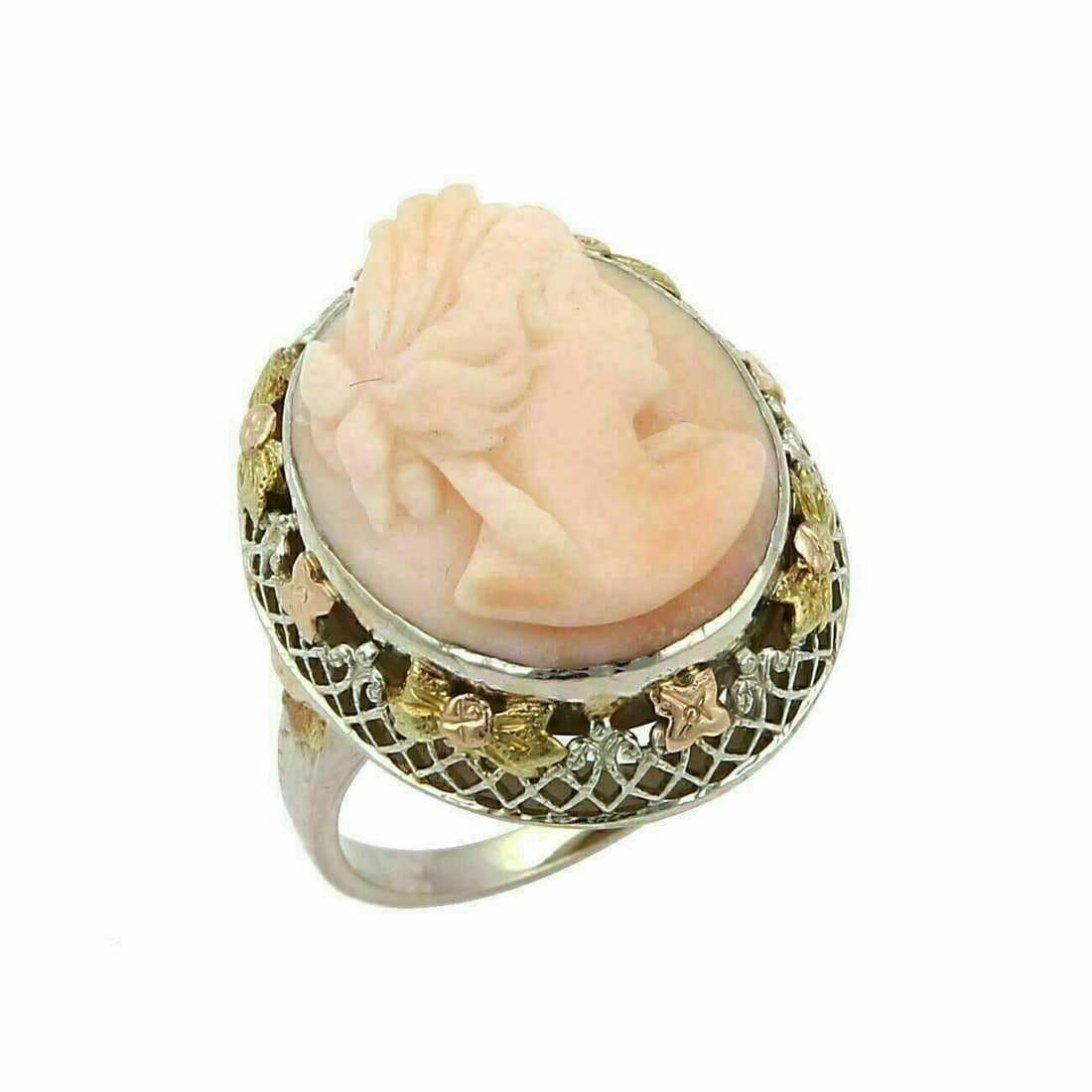 Vintage 14k Tri Gold Filigree Ring with Coral Cameo Size 6: Vintage 14k Tri Gold Filigree Ring with Coral Cameo Size 6 This vintage ring features a coral woman cameo set in an intricately detailed filigree design crafted from 14k tri-color gold. Sized for a 6,