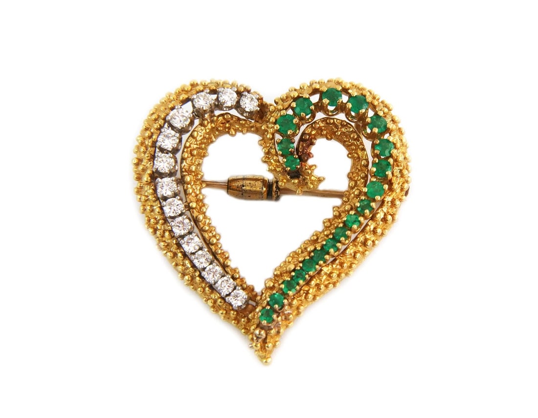 18k Gold Heart Pendant Pin with Diamonds and Emeralds: 18k Gold Heart Pendant Pin with Diamonds and Emeralds This exquisite 18k Yellow & White Gold Diamond and Emerald Heart Pendant Pin showcases a beautifully crafted open heart design. The pendant featur