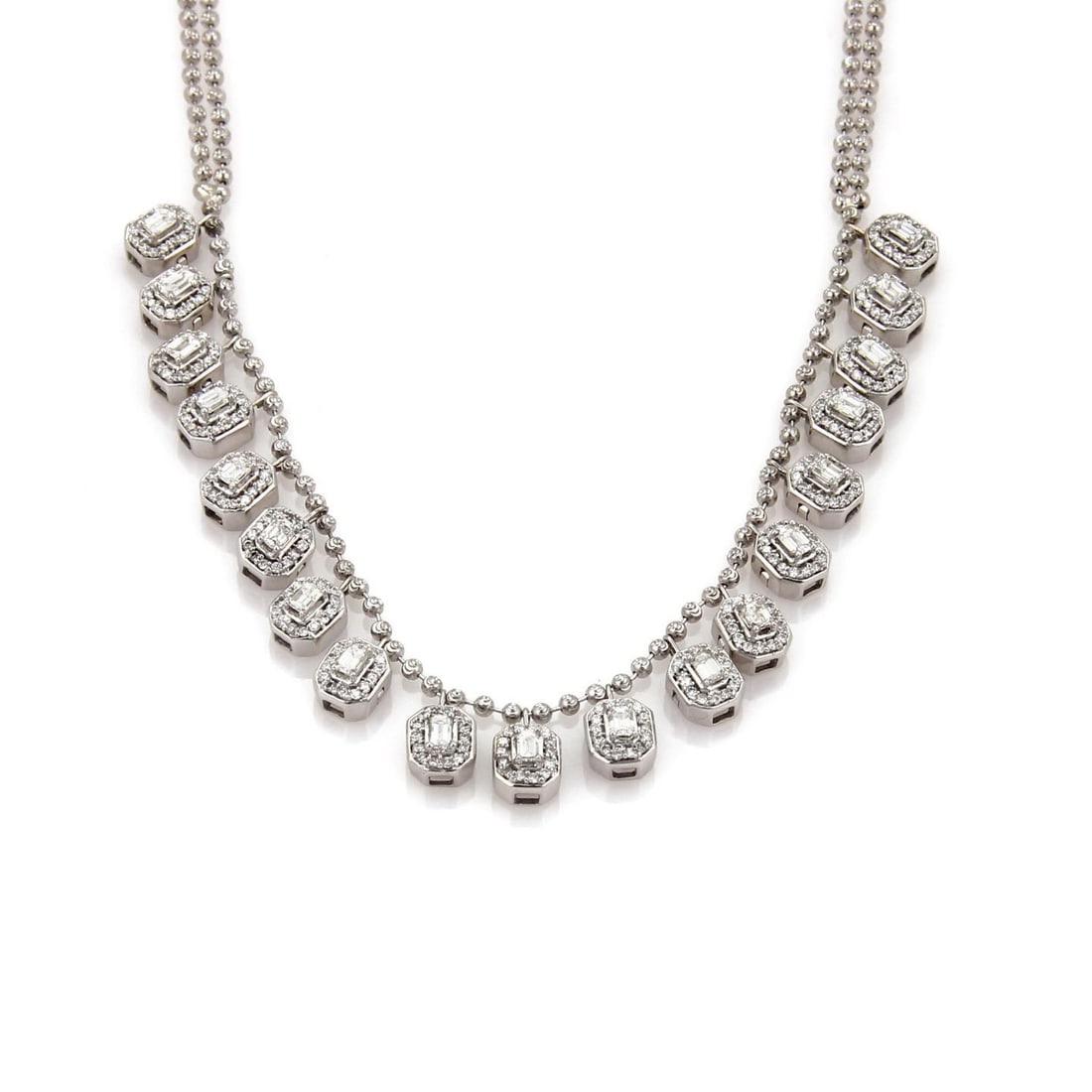 Elegant 2.00ct Diamond 14k White Gold Octagon Charm Necklace: Elegant 2.00ct Diamond 14k White Gold Octagon Charm Necklace This elegant necklace features a stunning design crafted from 14k white gold, showcasing a double fine bead chain. The centerpiece includes