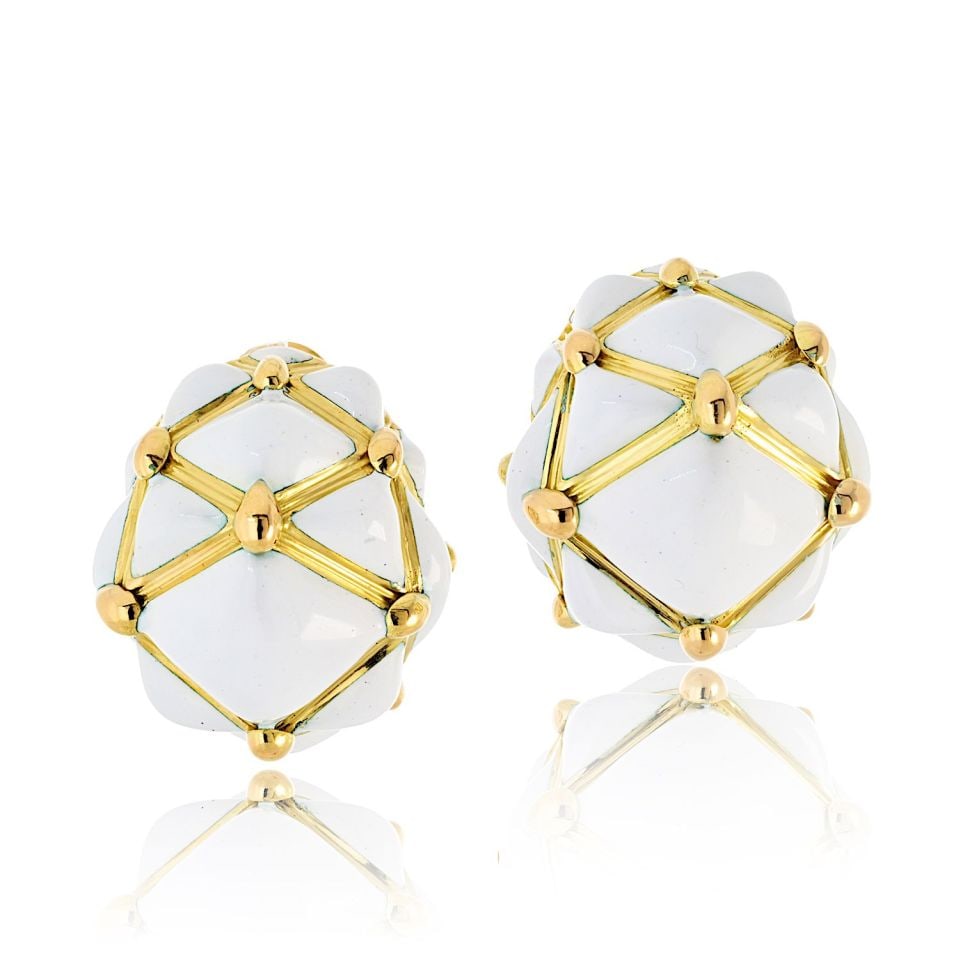 David Webb Platinum 18K Gold White Enamel Bombe Dome Earrings: David Webb Platinum 18K Gold White Enamel Bombe Dome Earrings Experience elegance with these stunning David Webb earrings, expertly crafted from a luxurious combination of platinum and 18K yellow gold