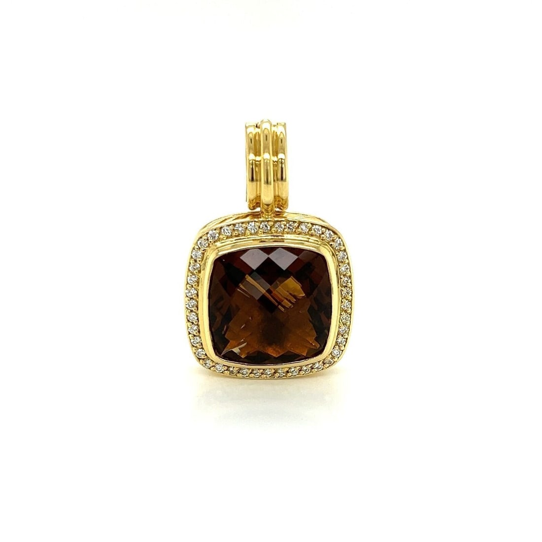 Albion Smoky Quartz Diamond 18k Gold Cable Charm Pendant by David Yurman: Albion Smoky Quartz Diamond 18k Gold Cable Charm Pendant by David Yurman This David Yurman Albion charm pendant showcases a smoky quartz stone set in 18k yellow gold with a cable design. The pendant f