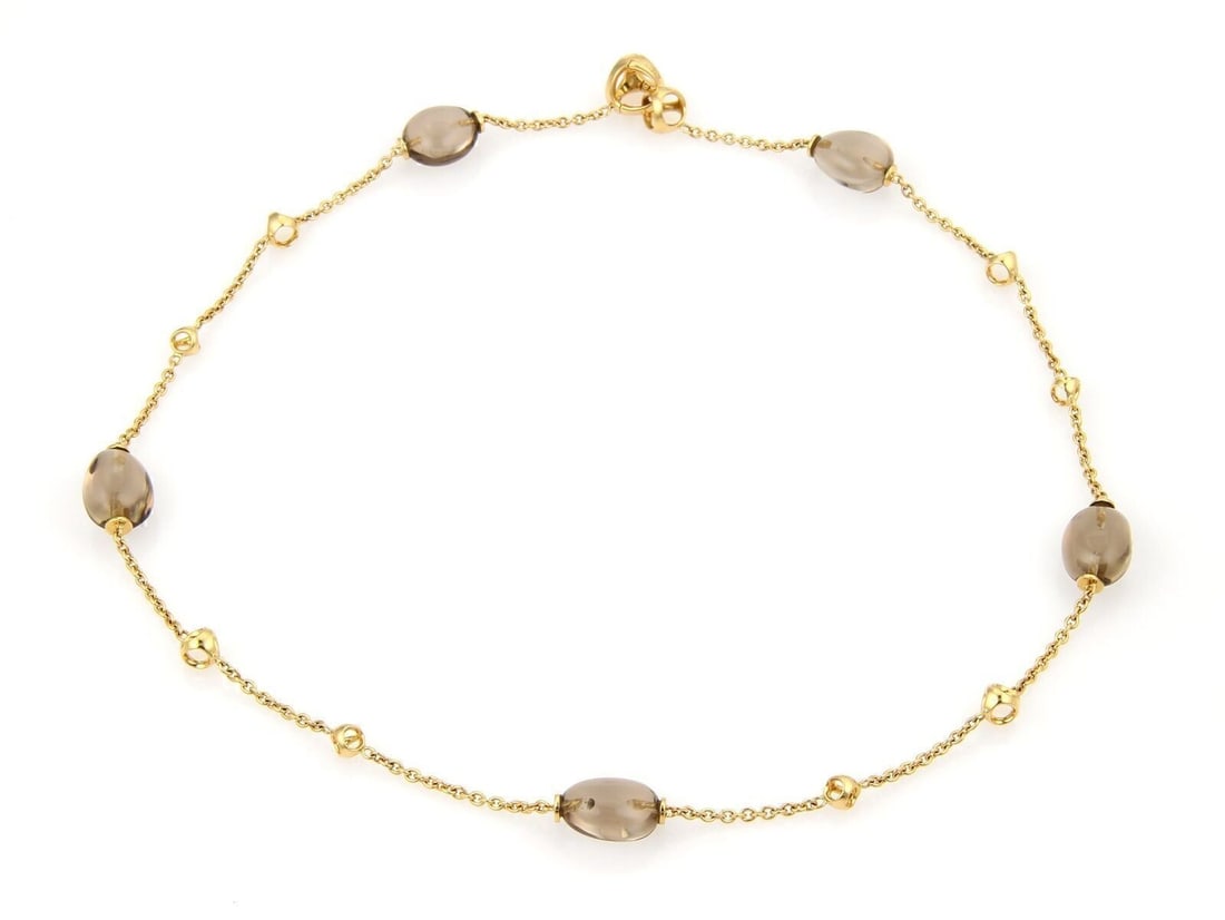 18k Yellow Gold Necklace with Smokey Quartz Beads by Di Modolo: 18k Yellow Gold Necklace with Smokey Quartz Beads by Di Modolo This Di Modolo necklace features beaded smokey quartz gemstones set in a chain style design, crafted from 18k yellow gold. The piece is s