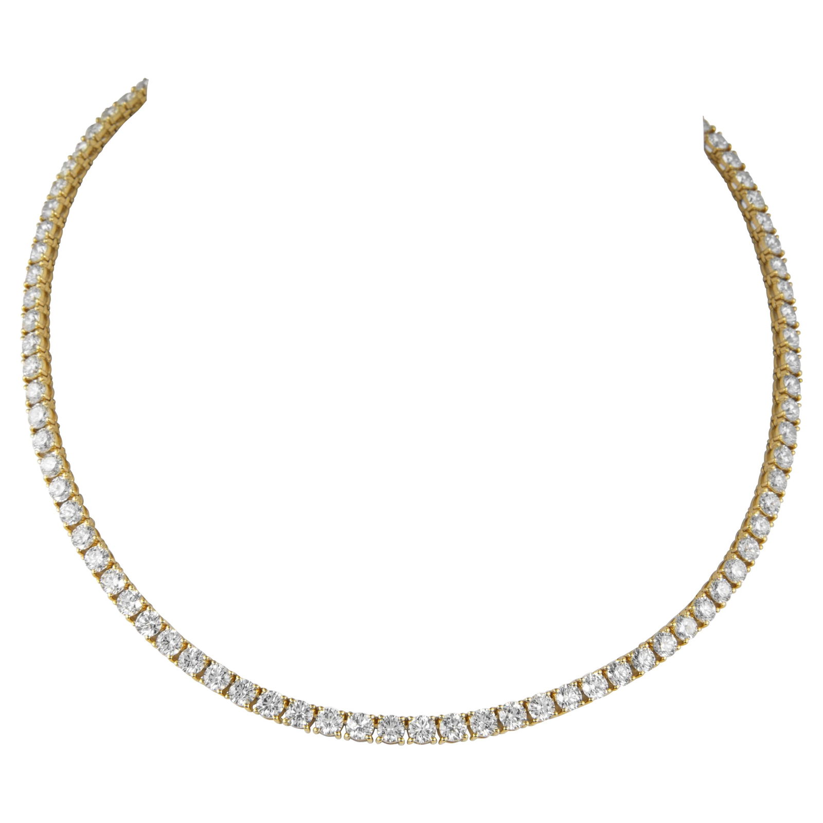 20.98ct Diamond Tennis Necklace 18k Yellow Gold 16in GIA Appraised: 20.98ct Diamond Tennis Necklace 18k Yellow Gold 16in GIA Appraised This exquisite diamond tennis necklace features a stunning array of 93 round brilliant diamonds totaling 20.98 carats, showcasing app