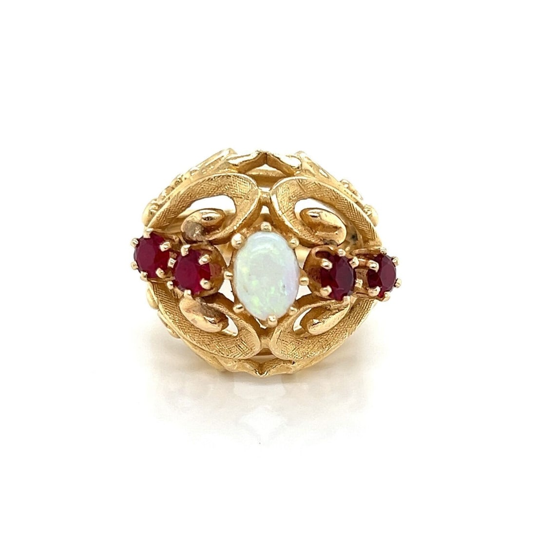 Large Floral Dome Ring with Opal and Garnets in 14k Yellow Gold Size 9.5: Large Floral Dome Ring with Opal and Garnets in 14k Yellow Gold Size 9.5 This large floral dome ring features opal and garnet gemstones set in 14k yellow gold. The intricate floral design highlights t