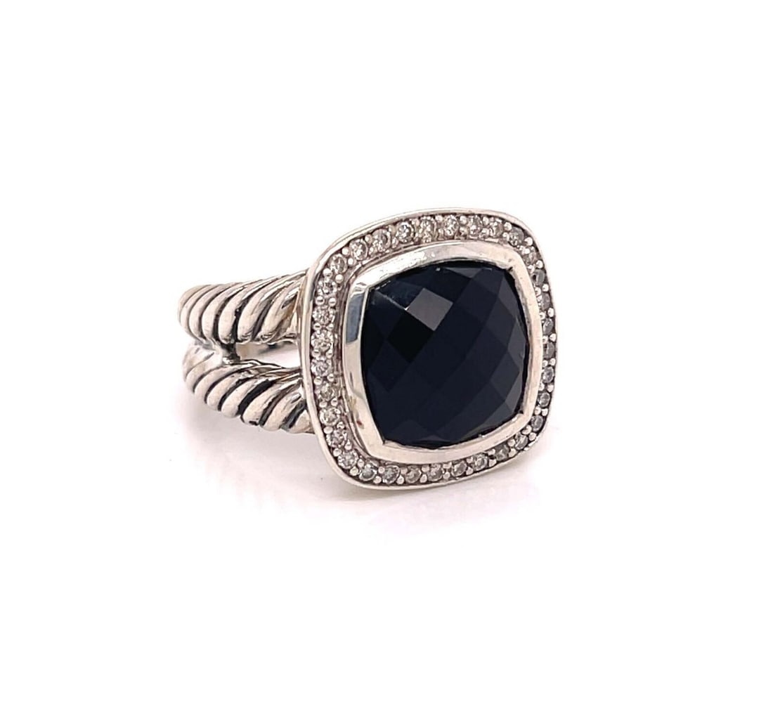 David Yurman Albion Sterling Silver Onyx and Diamond Cable Ring Size 5.5: David Yurman Albion Sterling Silver Onyx and Diamond Cable Ring Size 5.5 This David Yurman Albion ring features a 10mm x 10mm onyx center stone surrounded by a halo of diamonds totaling 0.22ct, set in