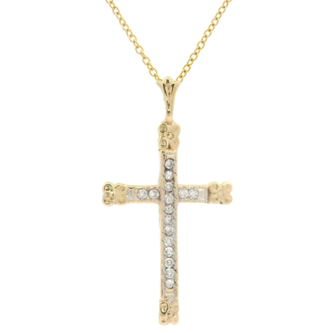 Antique 14K Yellow Gold Diamond Cross Pendant with 18 Inch Chain: Antique 14K Yellow Gold Diamond Cross Pendant with 18 Inch Chain This exquisite antique cross pendant features a stunning arrangement of 16 natural genuine diamonds, expertly channel set in a pave sty