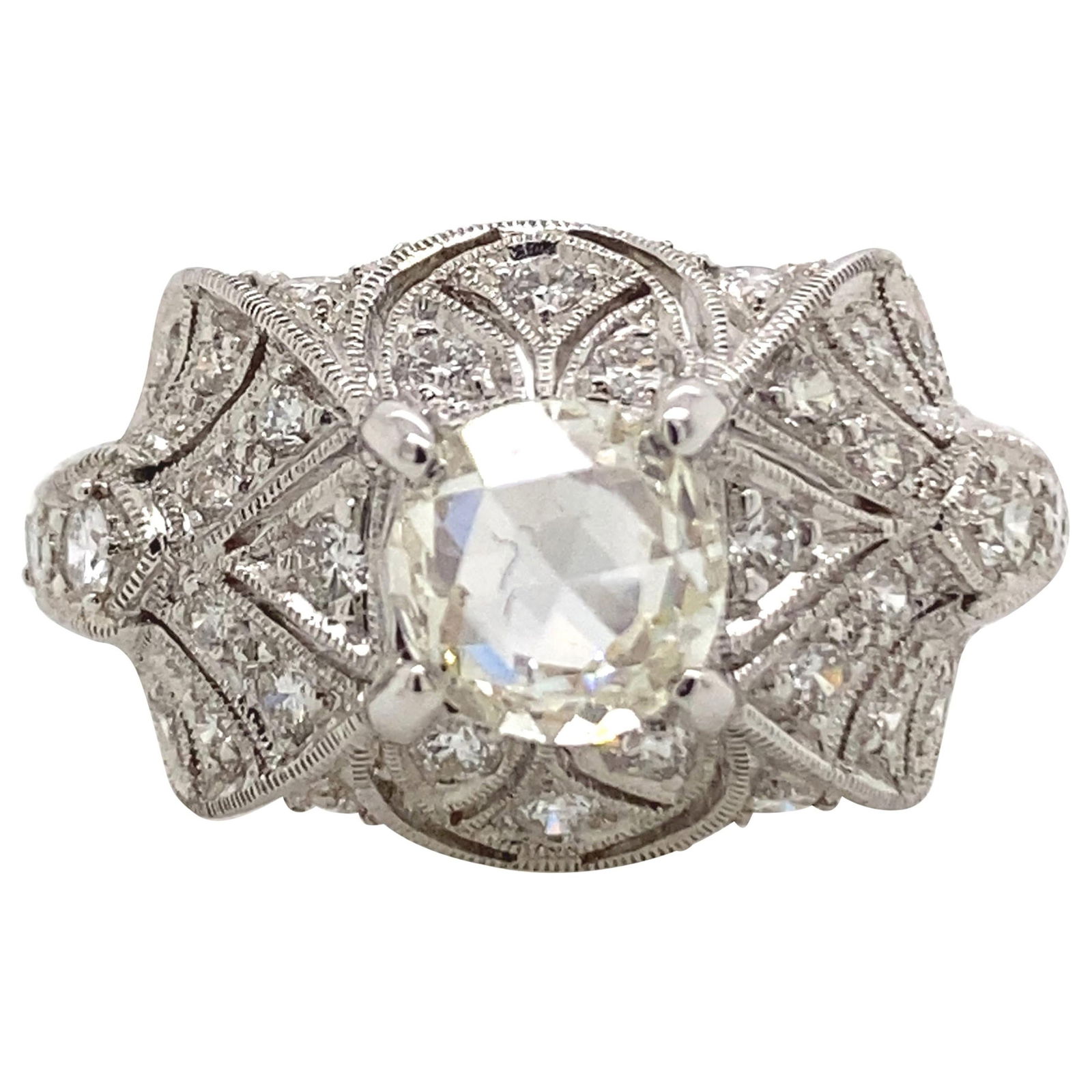 Edwardian Inspired 1.49ct Diamond Ring in 18k White Gold: Edwardian Inspired 1.49ct Diamond Ring in 18k White Gold This stunning Edwardian-inspired diamond ring features a captivating 1.49 carat total diamond weight, showcasing a 0.97 carat center rose cut d