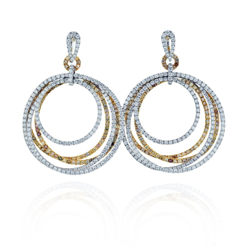 18K Two Tone 24.57 Carat Pave Diamond Dangling Hoop Earrings: 18K Two Tone 24.57 Carat Pave Diamond Dangling Hoop Earrings These exquisite dangling hoop earrings are crafted in 18K two-tone gold and adorned with brilliant pave round cut diamonds. Featuring an im