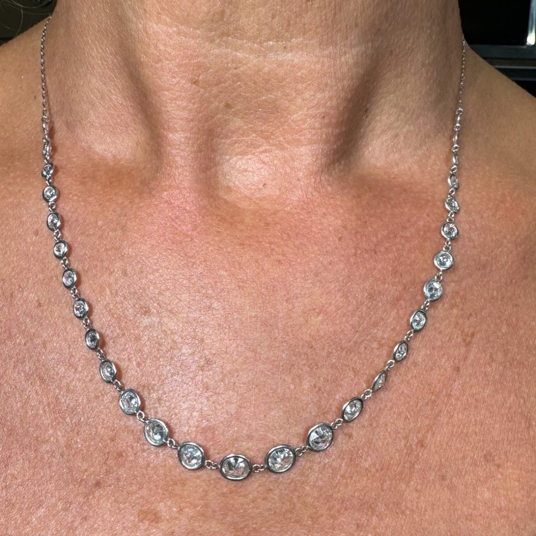 Platinum 9.00 Ct Diamond by the Yard Necklace 28 Old Cushion-cut: Platinum 9.00 Ct Diamond by the Yard Necklace 28 Old Cushion-cut This exquisite Platinum Diamond by the Yard Necklace features a stunning arrangement of 28 Old Cushion-cut Diamonds, collectively weigh