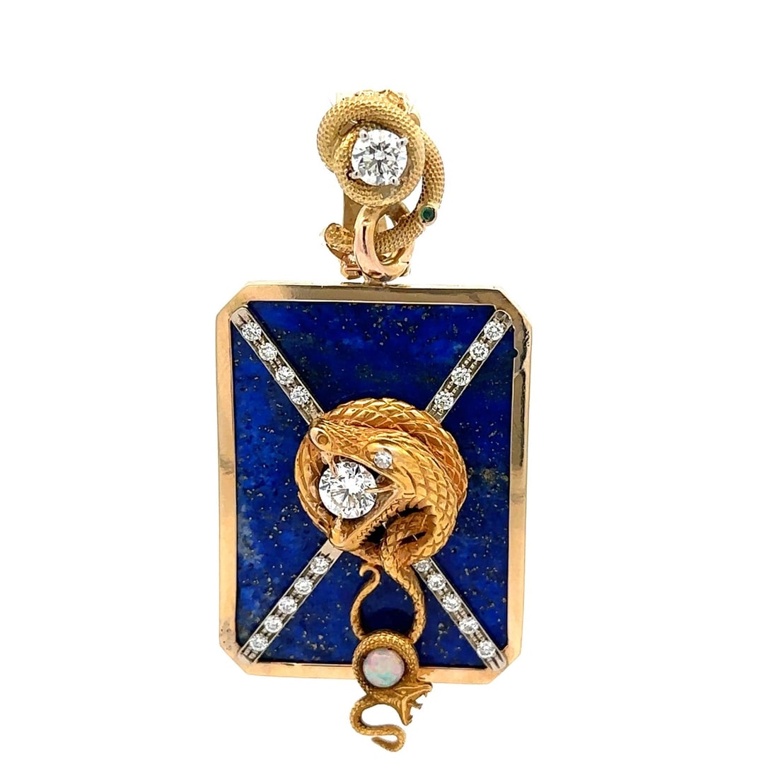 Snake Motif Pendant in Solid Gold with Lapis Opal and 1.75ctw Diamonds: Snake Motif Pendant in Solid Gold with Lapis Opal and 1.75ctw Diamonds This vintage pendant features a striking snake motif crafted in solid 14k to 18k yellow and white gold. The centerpiece is a larg