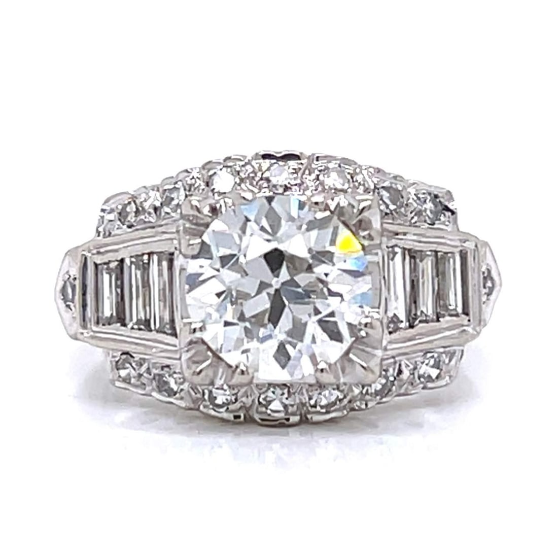 Art Deco 14K White Gold GIA Certified 2.14 Ct Diamond Ring: Art Deco 14K White Gold GIA Certified 2.14 Ct Diamond Ring This exquisite Art Deco ring features a stunning GIA Certified 2.14 Ct. diamond, showcasing a G color and VS2 clarity. The ring is crafted fr
