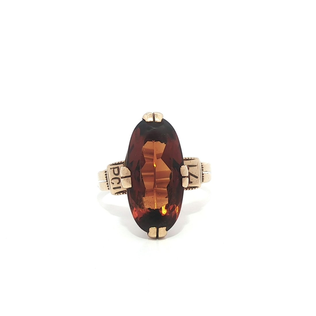 1971 Vintage 14k Gold Elongated Oval Citrine School Ring: 1971 Vintage 14k Gold Elongated Oval Citrine School Ring This Vintage Retro Collectible 1971 school ring showcases a stunning elongated oval natural citrine, prong set in solid 14k yellow gold. The ci