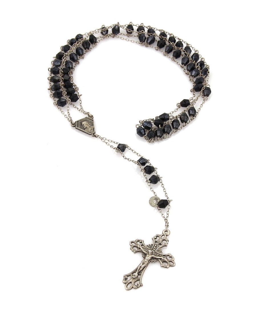 Vintage Rosary Necklace with Onyx Beads and 800 Silver Cross Pendant: Vintage Rosary Necklace with Onyx Beads and 800 Silver Cross Pendant This vintage lariat necklace features onyx beads and a cross pendant crafted from 800 silver. The classic design and original craft