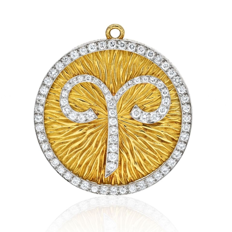 David Webb 18K Yellow Gold & Platinum Aries Pendant 3.5 Cts Diamonds: David Webb 18K Yellow Gold & Platinum Aries Pendant 3.5 Cts Diamonds This stunning large Aries zodiac pendant from David Webb is crafted in a luxurious combination of platinum and 18K yellow gold. Wei