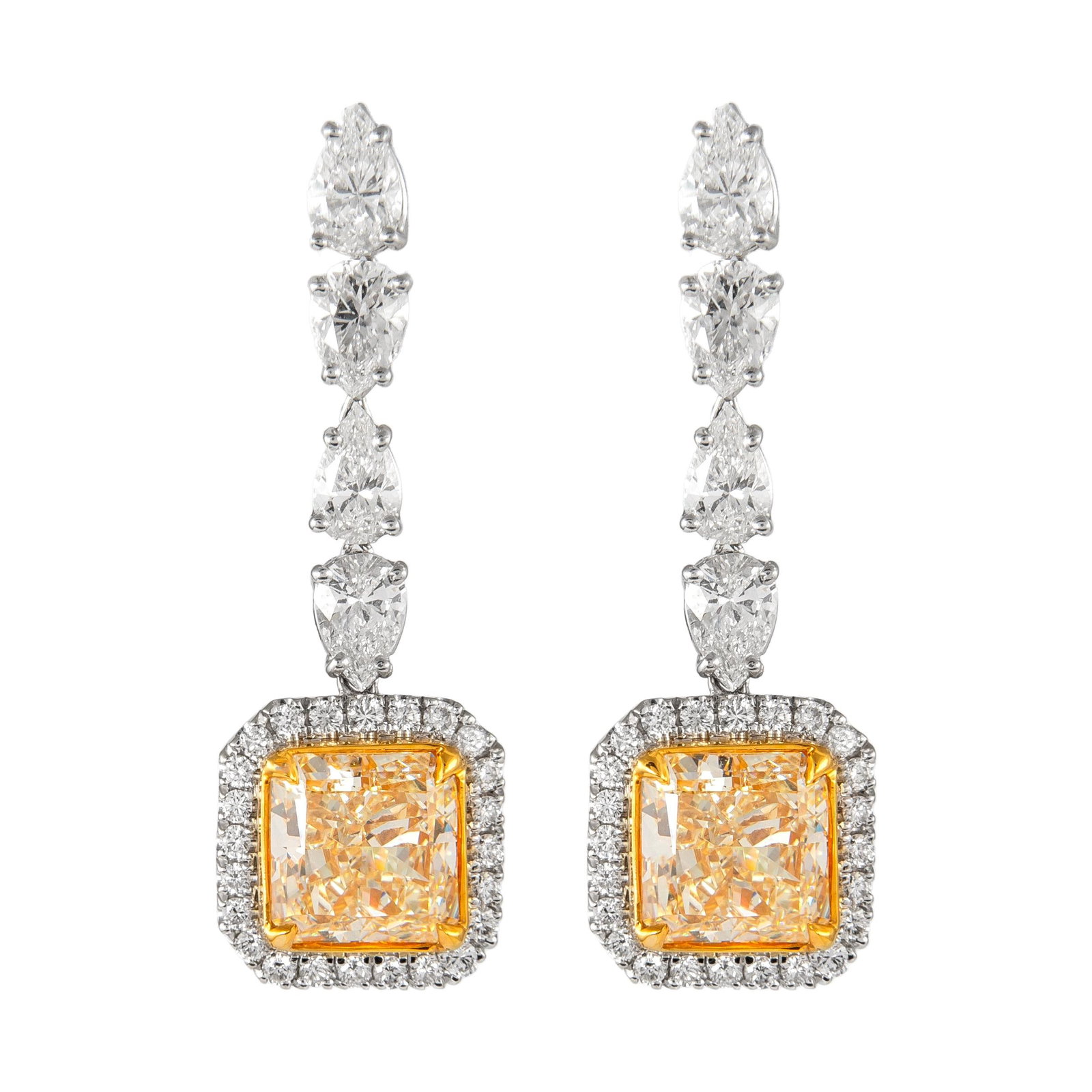 9.20ct Fancy Yellow Diamond Drop Earrings Platinum 18k EGL Certified: 9.20ct Fancy Yellow Diamond Drop Earrings Platinum 18k EGL Certified Elevate your style with these exquisite Fancy Yellow Diamond Drop Earrings, featuring a total diamond weight of 9.20 carats. Crafte